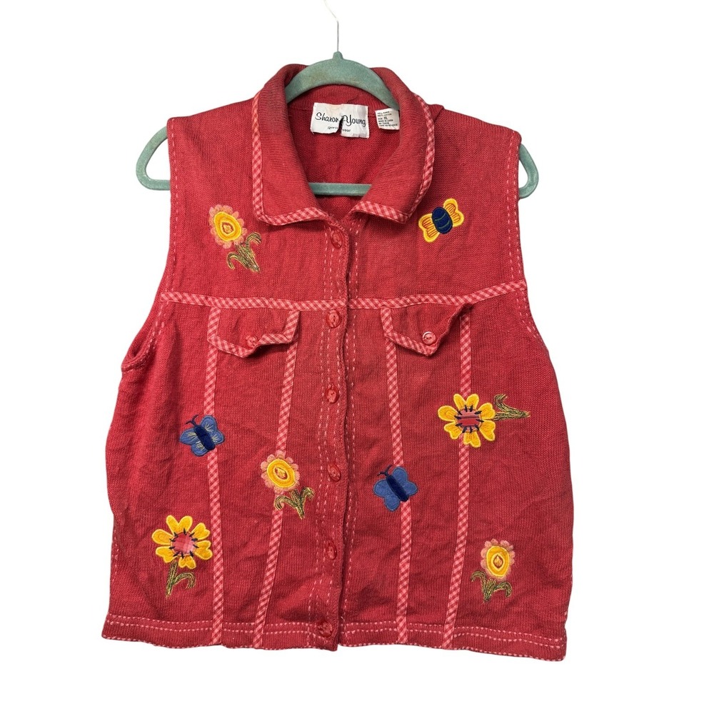 Sharon Young Vest Womens Medium Red Floral Butterfly Button Front Embroidered